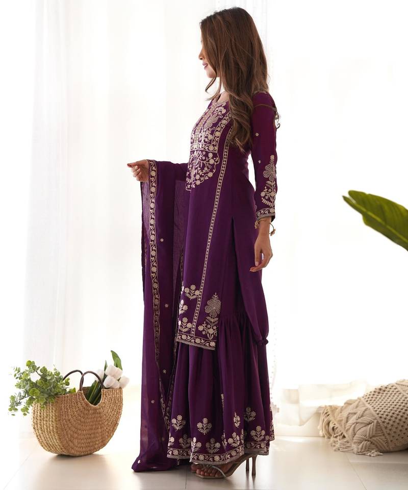 Women's Gorgeous Embroidery Work Chinon Silk Fabric Straight Kurta Sharara and Dupatta Set