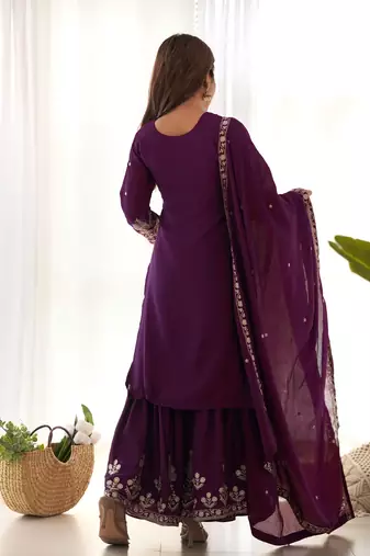 Women's Gorgeous Embroidery Work Chinon Silk Fabric Straight Kurta Sharara and Dupatta Set