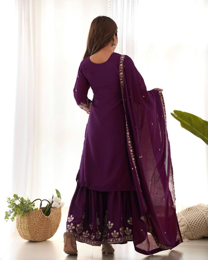 Women's Gorgeous Embroidery Work Chinon Silk Fabric Straight Kurta Sharara and Dupatta Set