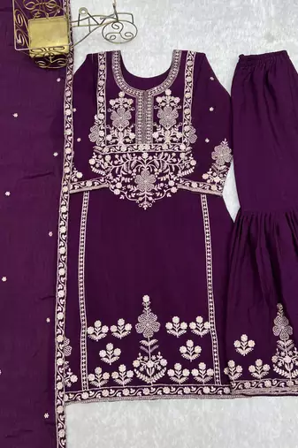 Women's Gorgeous Embroidery Work Chinon Silk Fabric Straight Kurta Sharara and Dupatta Set