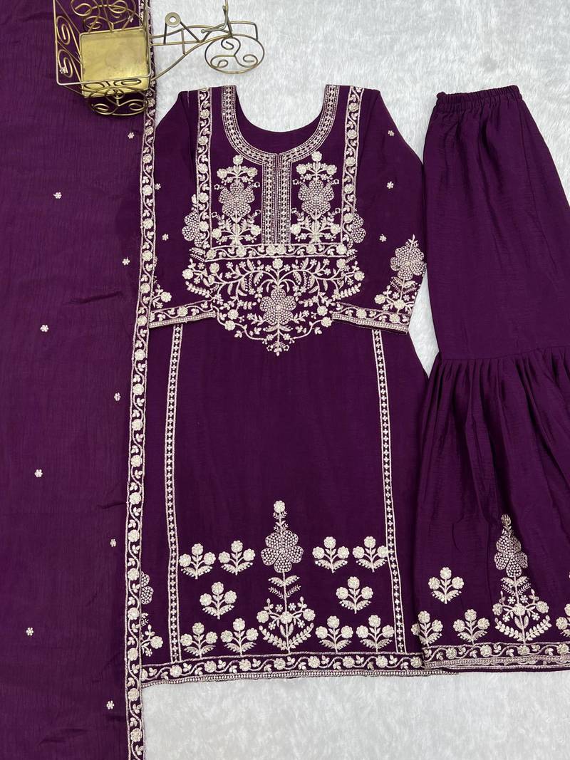 Women's Gorgeous Embroidery Work Chinon Silk Fabric Straight Kurta Sharara and Dupatta Set