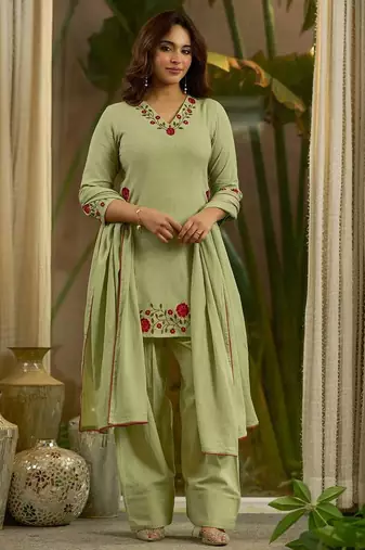 Pista green embroidered kurta & farshi salwar set with matching dupatta