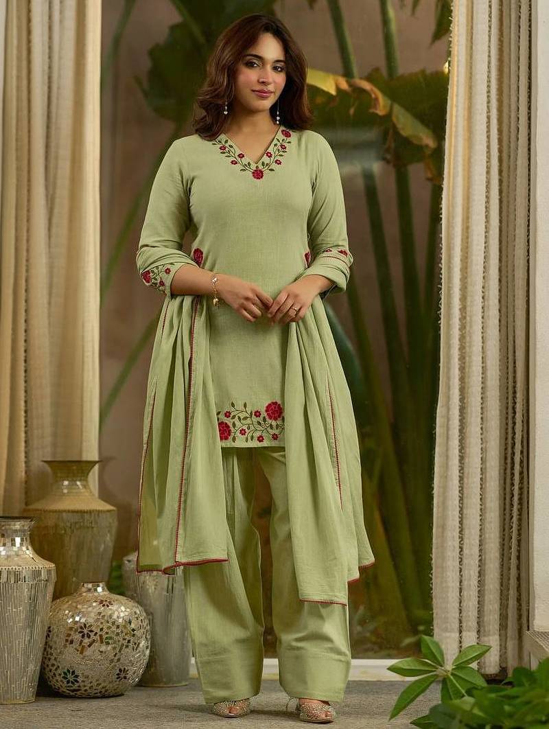Pista green embroidered kurta & farshi salwar set with matching dupatta