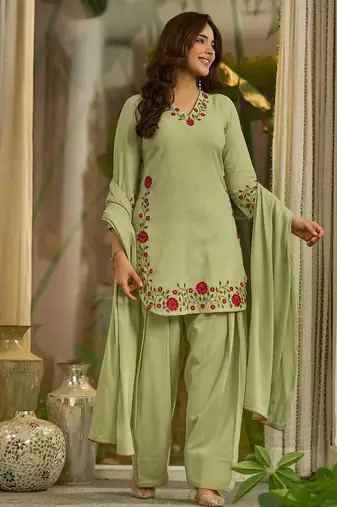 Pista green embroidered kurta & farshi salwar set with matching dupatta