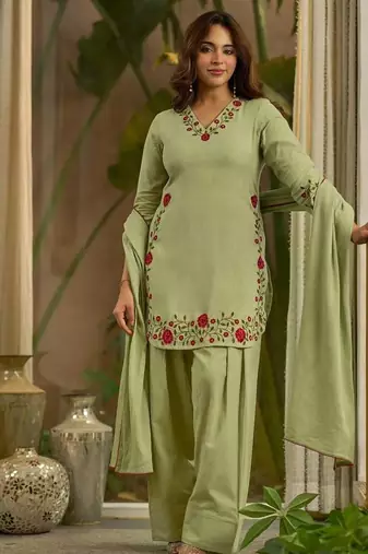 Pista green embroidered kurta & farshi salwar set with matching dupatta