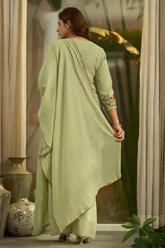 Pista green embroidered kurta & farshi salwar set with matching dupatta