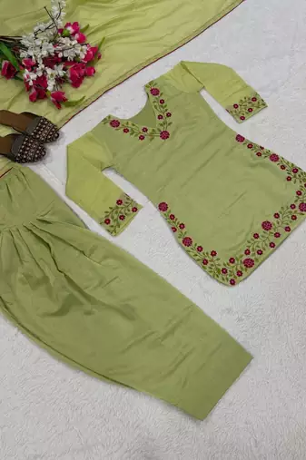 Pista green embroidered kurta & farshi salwar set with matching dupatta