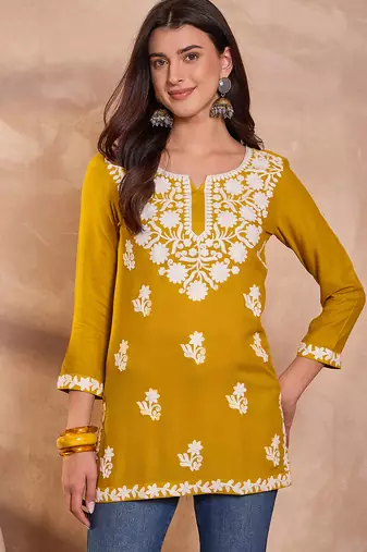 Women’s yellow solid embroidered top | stylish & trendy casual top for women | elegant western wear for casual look