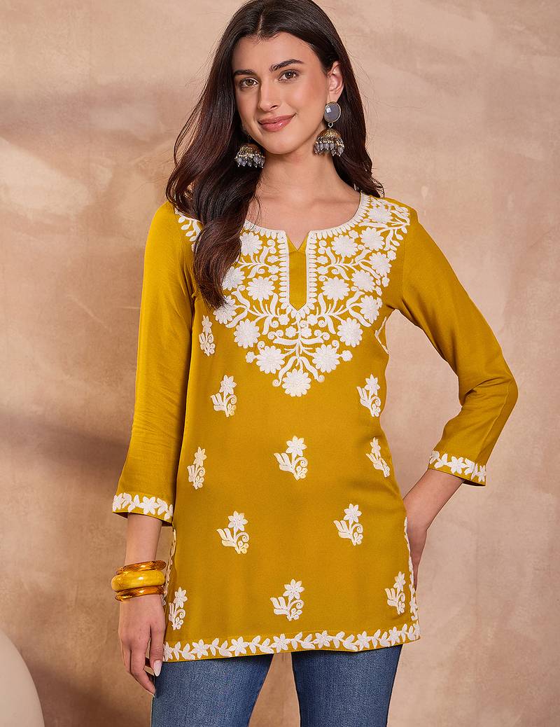 Women’s yellow solid embroidered top | stylish & trendy casual top for women | elegant western wear for casual look
