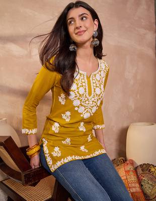 Women’s yellow solid embroidered top | stylish & trendy casual top for women | elegant western wear for casual look 2