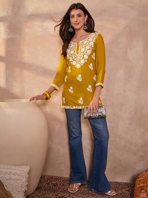 Women’s yellow solid embroidered top | stylish & trendy casual top for women | elegant western wear for casual look 3