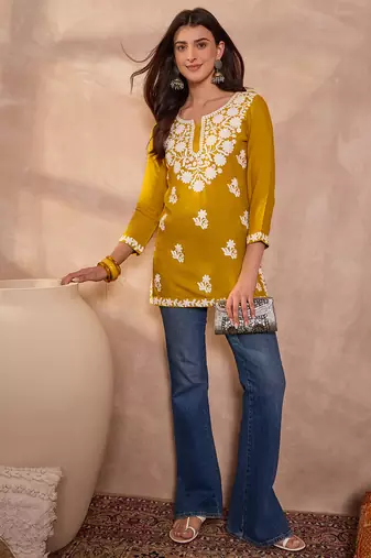 Women’s yellow solid embroidered top | stylish & trendy casual top for women | elegant western wear for casual look
