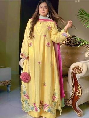 Yellow embroidered long kurta & plazo with multicolor dupatta 1