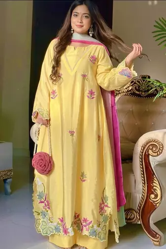 Yellow embroidered long kurta & plazo with multicolor dupatta
