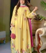 Yellow embroidered long kurta & plazo with multicolor dupatta