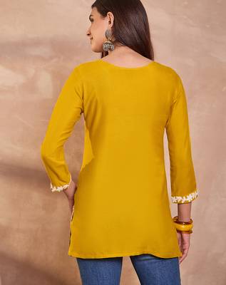 Women’s yellow solid embroidered top | stylish & trendy casual top for women | elegant western wear for casual look 4