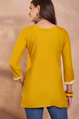 Women’s yellow solid embroidered top | stylish & trendy casual top for women | elegant western wear for casual look