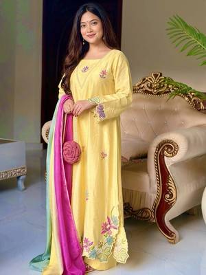 Yellow embroidered long kurta & plazo with multicolor dupatta 2