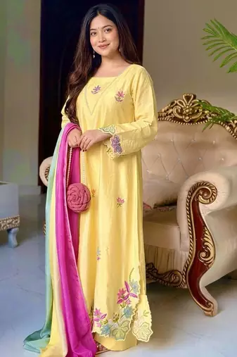 Yellow embroidered long kurta & plazo with multicolor dupatta