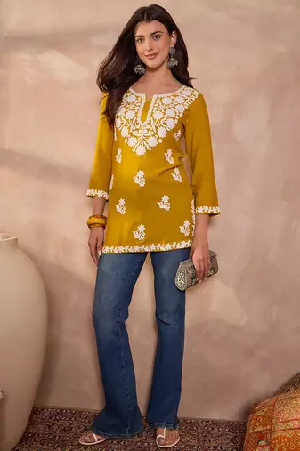 Women’s yellow solid embroidered top | stylish & trendy casual top for women | elegant western wear for casual look