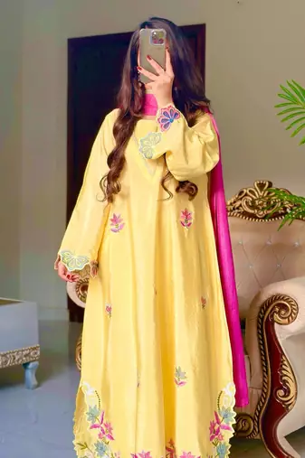 Yellow embroidered long kurta & plazo with multicolor dupatta