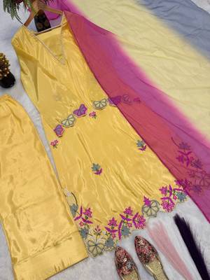 Yellow embroidered long kurta & plazo with multicolor dupatta 4