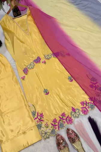Yellow embroidered long kurta & plazo with multicolor dupatta