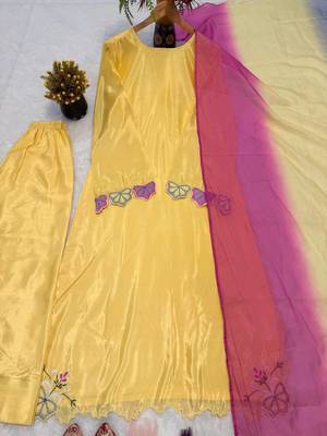 Yellow embroidered long kurta & plazo with multicolor dupatta 5