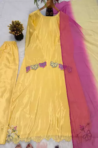 Yellow embroidered long kurta & plazo with multicolor dupatta