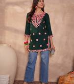 Women’s green solid embroidered top | stylish & trendy casual top for women | elegant western wear for casual look