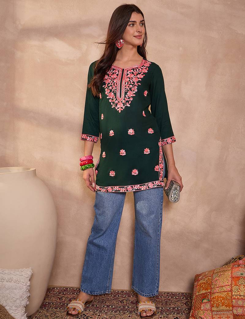 Women’s green solid embroidered top | stylish & trendy casual top for women | elegant western wear for casual look