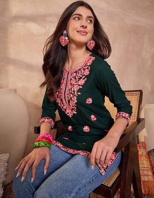 Women’s green solid embroidered top | stylish & trendy casual top for women | elegant western wear for casual look 5