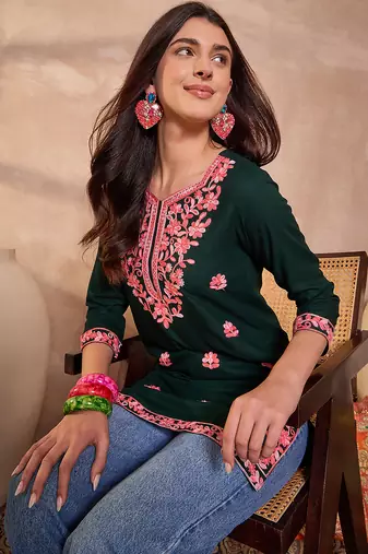 Women’s green solid embroidered top | stylish & trendy casual top for women | elegant western wear for casual look