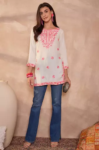 Women’s white solid embroidered top | stylish & trendy casual top for women | elegant western wear for casual look