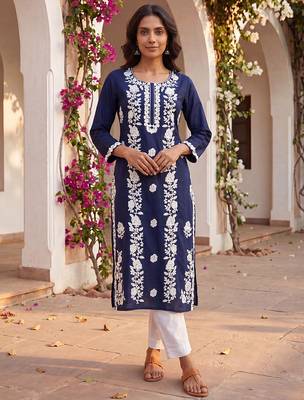Women’s turquoise blue solid embroidered regular kurta | stylish ethnic wear kurti for women 1
