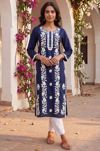 Women’s turquoise blue solid embroidered regular kurta | stylish ethnic wear kurti for women