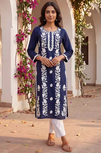 Women’s turquoise blue solid embroidered regular kurta | stylish ethnic wear kurti for women