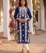 Women’s turquoise blue solid embroidered regular kurta | stylish ethnic wear kurti for women
