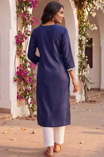 Women’s turquoise blue solid embroidered regular kurta | stylish ethnic wear kurti for women