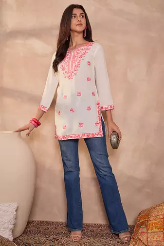 Women’s white solid embroidered top | stylish & trendy casual top for women | elegant western wear for casual look