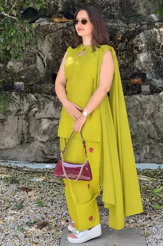 Olive green cotton kurta with embroidery farshi salwar with dupatta