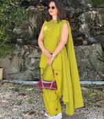 Olive green cotton kurta with embroidery farshi salwar with dupatta