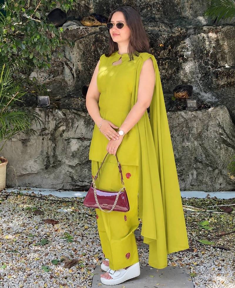 Olive green cotton kurta with embroidery farshi salwar with dupatta