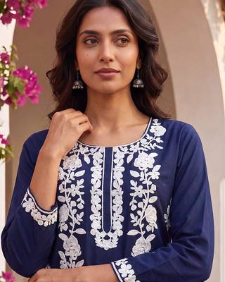 Women’s turquoise blue solid embroidered regular kurta | stylish ethnic wear kurti for women 3