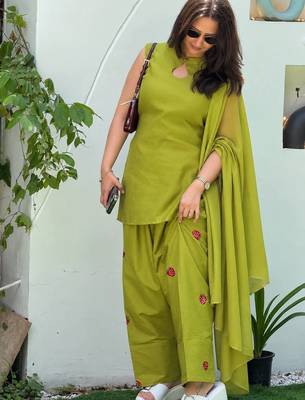 Olive green cotton kurta with embroidery farshi salwar with dupatta 2