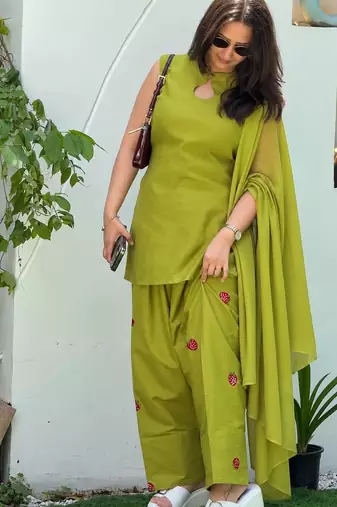 Olive green cotton kurta with embroidery farshi salwar with dupatta