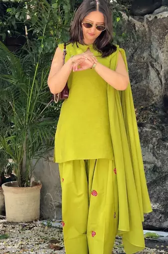 Olive green cotton kurta with embroidery farshi salwar with dupatta