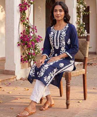 Women’s turquoise blue solid embroidered regular kurta | stylish ethnic wear kurti for women 4