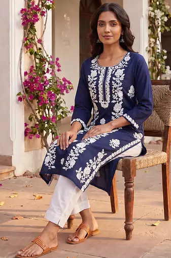 Women’s turquoise blue solid embroidered regular kurta | stylish ethnic wear kurti for women