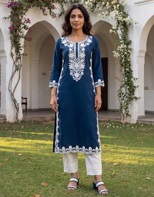 Women’s blue solid embroidered regular kurta | stylish ethnic wear kurti for women | trendy casual & festive wear 1
